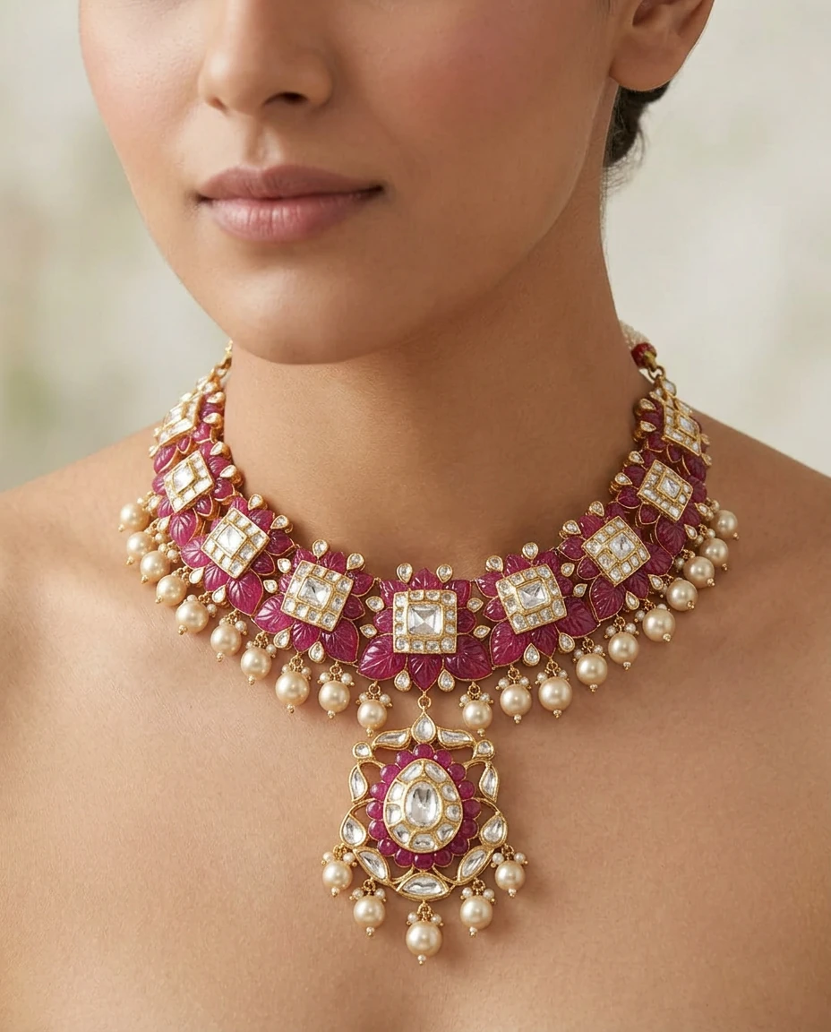 Karigar result — the ruby-and-pearl necklace styled on a model